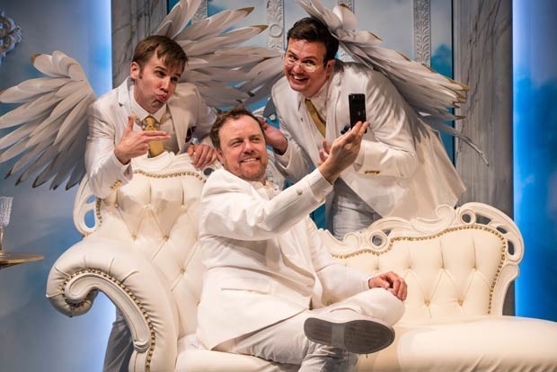 Evan Casey, Tom Story, and Jamie Smithson star in An Act of God, directed by Eleanor Holdridge, at Signature Theatre.