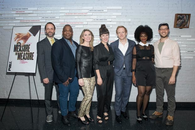 Company members Mike Iveson, Greig Sargeant, Rinne Groff, Maurina Lioce, Scott Shepherd, April Matthis, and Gavin Price celebrate opening night of Measure For Measure at the Public Theater.
