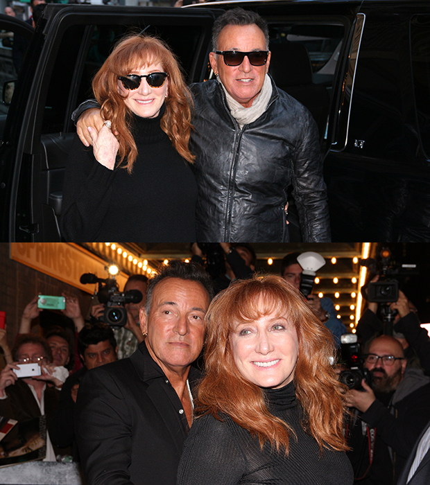 Bruce Springsteen and Patti Scialfa arrive for and depart from the opening night performance of Springsteen on Broadway at the Walter Kerr Theatre.
