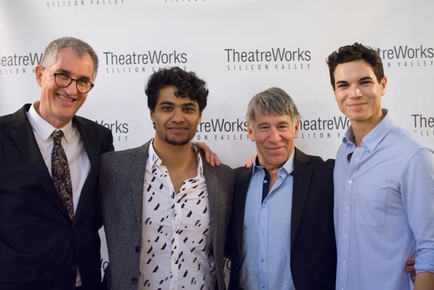 Philip LaZebnik (book), Diluckshan Jeyaratnam (Moses), Stephen Schwartz (music/lyrics), and Jason Gotay (Ramses) gather for a photo on opening night.