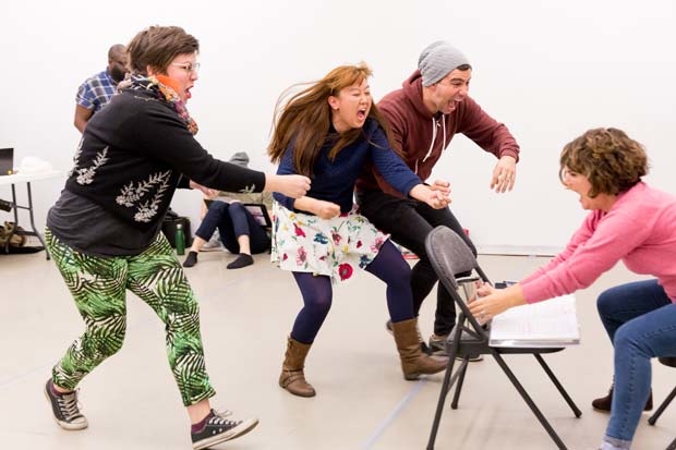 Cast members rehearse The Stowaway, the latest production from Trusty Sidekick Theater Company, to receive its world premiere at Classic Stage Company in November.