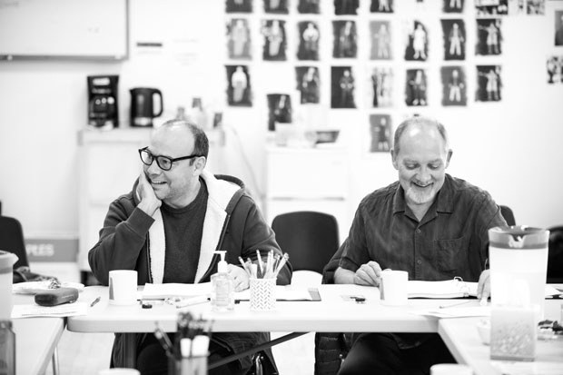 Danny Burstein and Zach Grenier in the rehearsal room for Describe the Night, directed by Giovanna Sardelli, at the Atlantic Theater Company.