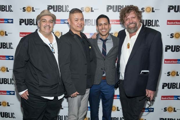 Playwright Luis Alfaro, director Chay Yew, Sol Project artistic director Jacob G. Padron, and Public Theater artistic director Oskar Eustis celebrate opening night.