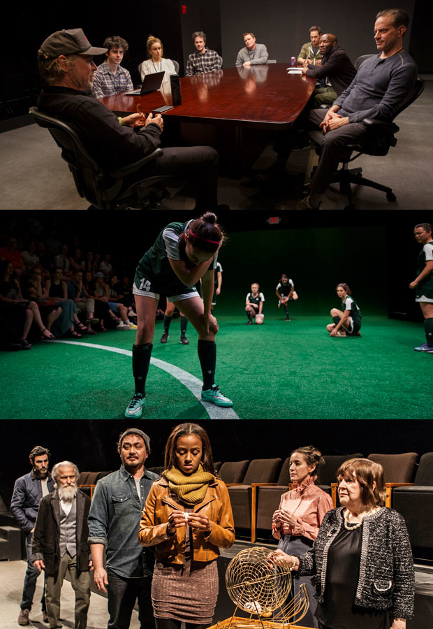 Scenes from Lila Neugebauer&#39;s productions of The Antipodes, The Wolves, and Everybody.