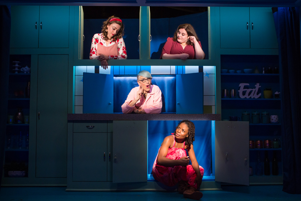 Eden Malyn, Lauren Ann Brickman, Lisa Lampanelli, and Marsha Stephanie Blake play around on Antje Ellermann&#39;s set in Stuffed off-Broadway.