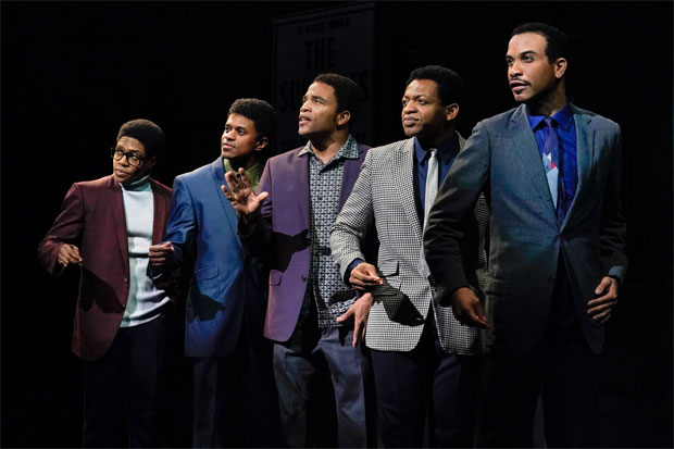 Ephraim Sykes (David Ruffin), Jeremy Pope (Eddie Kendricks), James Harkness (Paul Williams), Derrick Baskin (Otis Williams), and Jared Joseph (Melvin Franklin) in the world premiere of Ain't Too Proud—The Life and Times of The Temptations at Berkeley Repertory Theatre.