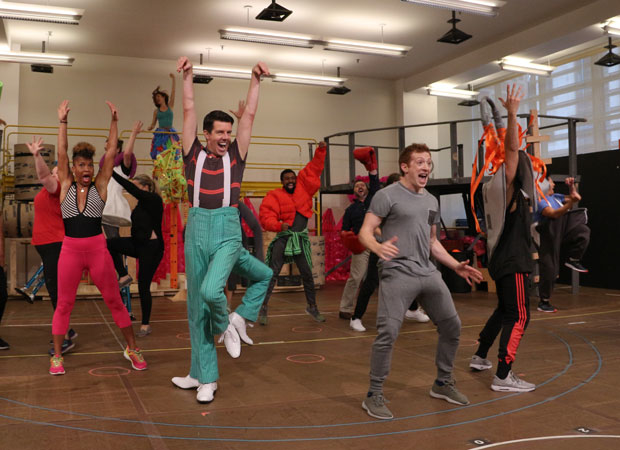 Gavin Lee, Ethan Slater, and the company of SpongeBob SquarePants in rehearsal at the New 42nd Street Studios.