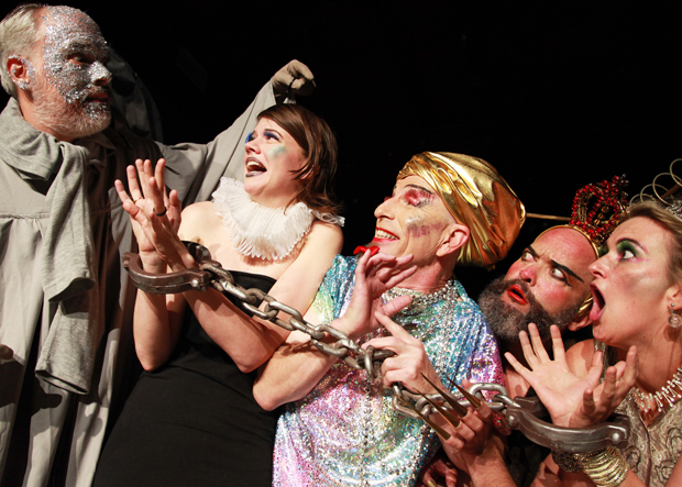 From left to right, Shane Baker, Jeanne Lauren Smith, Everett Quinton, Lenys Samá, and Géraldine Dulex in Conquest of the Universe or When Queens Collide, which runs through November 19 at La MaMa&#39;s Ellen Stewart Theatre.