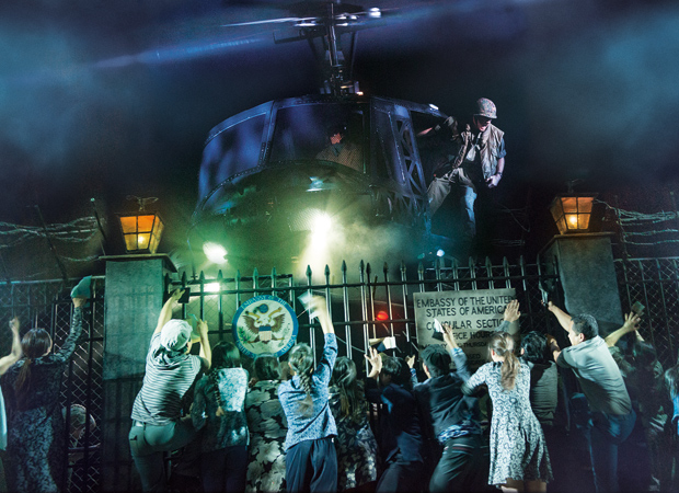 The fall of Saigon, as depicted in the 2017 Broadway revival of Miss Saigon.