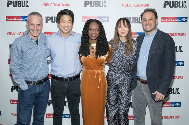 Director Neel Keller and Office Hour company members Ki Hong lee, Adeola Role, Sue Jean Kim, and Greg Keller celebrate opening night at the Public Theater.