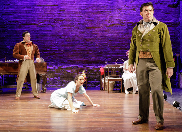 John Tufts, Kate Hamill, and Jason O&#39;Connell in Pride and Prejudice.