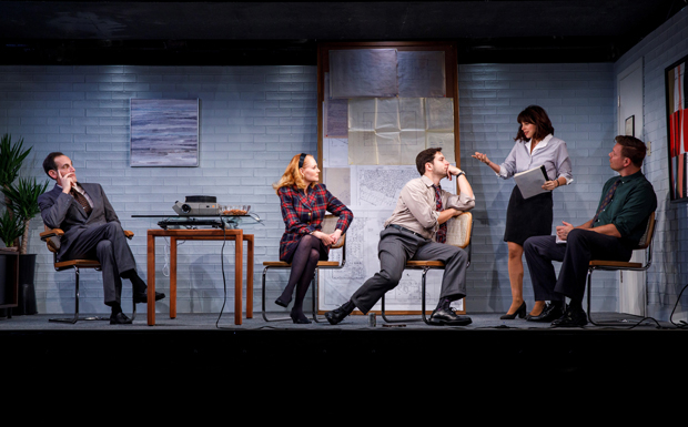 From left to right: Damian Young, Marg Helgenberger, Skylar Astin, Krysta Rodriguez, and Jim Parrack in What We&#39;re Up Against, which will now run through December 3.