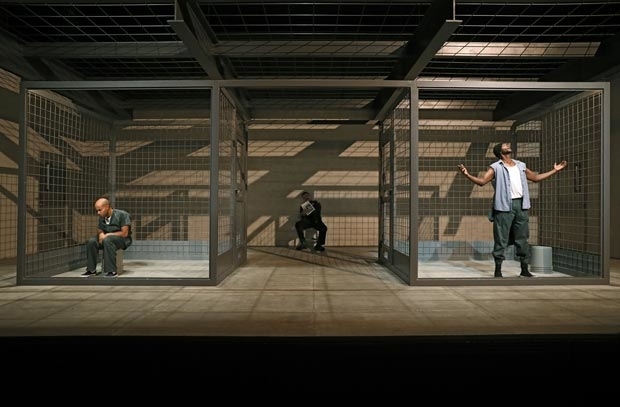 Sean Carvajal, Ricardo Chavira, and Edi Gathegi in a scene from Jesus Hopped the &#39;A&#39; Train, directed by Mark Brokaw, at Signature Theatre.