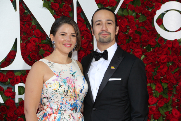 Lin-Manuel Miranda (right, with his wife, Vanessa Nadal) announced a contest to win tickets to see Hamilton in London on opening night, December 21.