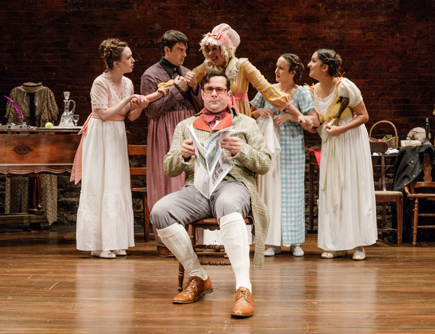 Chris Thorn (foreground), Amelia Pedlow, John Tufts, Nance Williamson, Kate Hamill, and Kimberly Chatterjee play the Bennet Family in Pride and Prejudice, directed by Amanda Dehnert, at the Cherry Lane Theatre.