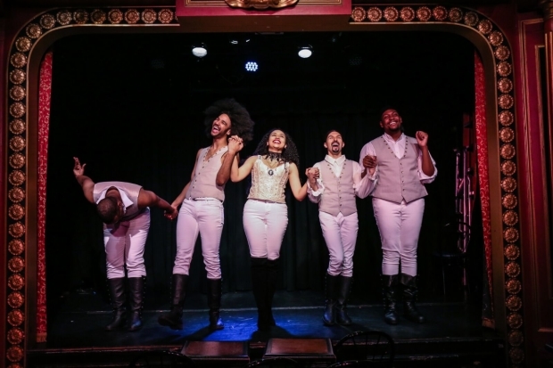 The cast of Spamilton onstage at the 47th Street Theatre.