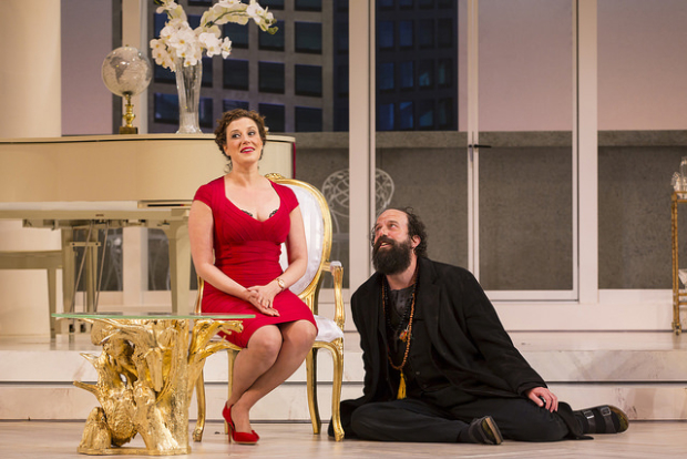 Melissa Miller and Brett Gelman in the Huntington Theatre Company&#39;s production of Tartuffe, directed by Peter DuBois.