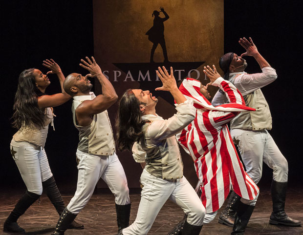Zakiya Young, Wilkie Ferguson III, William Cooper Howell, John Devereaux, and Dedrick A. Bonner in the West Coast premiere of Spamilton, directed by Gerard Alessandrini at Center Theatre Group&#39;s Kirk Douglas Theatre. 