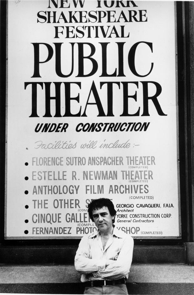 Joseph Papp and a marquee for the Public Theater.