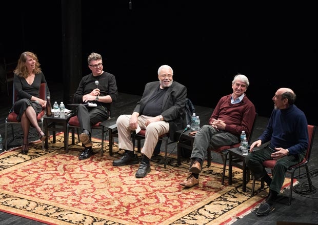 The panel for Public Shakespeare Talks: Eyeless Rage - Anger in King Lear: Tanya Pollard, Michael Sexton, James Earl Jones, Sam Waterston, and F. Murray Abraham.