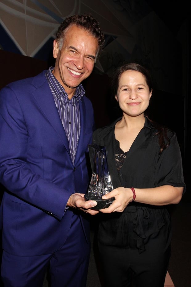 Brian Stokes Mitchell presents Shaina Taub with the Fred Ebb Award.