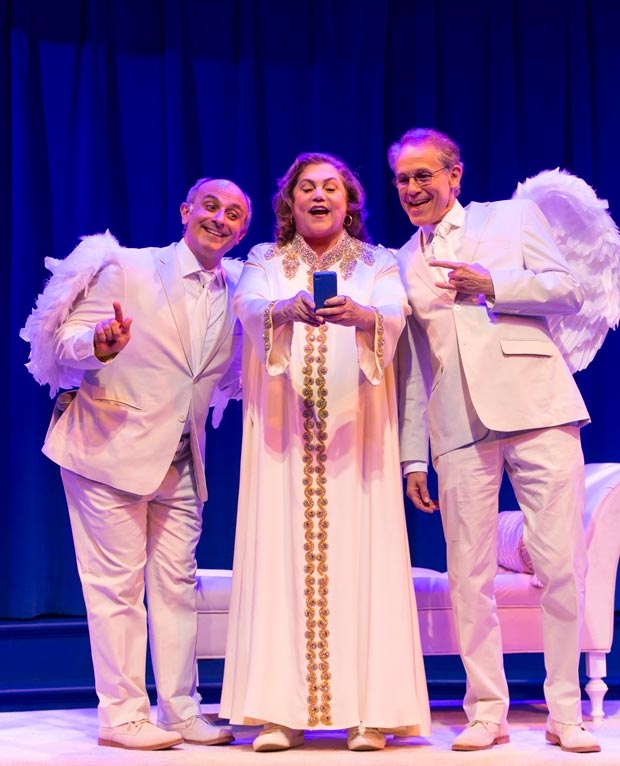 Stephen DeRosa, Kathleen Turner, and Jim Walton star in An Act of God, directed by David Saint, at George Street Playhouse.