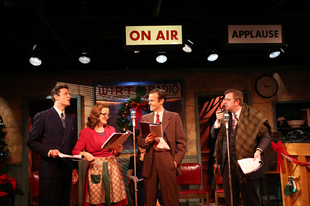 Ian Holcomb, Orlagh Cassidy, Aaron Gaines, and Dewey Caddell in It&#39;s a Wonderful Life: The 1946 Live Radio Play, which runs at Irish Repertory Theatre through December 31.