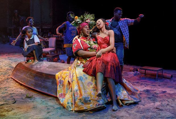 Alex Newell (Asaka) and Hailey Kilgore (Ti Moune) in a scene from the Broadway revival of Once on This Island, directed by Michael Arden, at Circle in the Square Theatre.