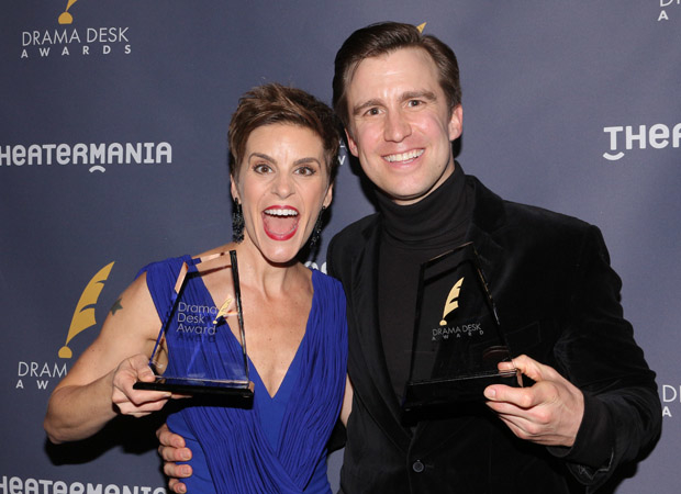 Jenn Colella and Gavin Creel with their 2017 Drama Desk Awards for Come From Away and Hello, Dolly!