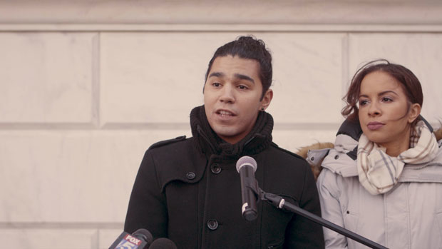 Hamilton&#39;s Anthony Lee Medina and Lexi Lawson made remarks at the unveiling of a restored Alexander Hamilton statue at the Museum of the City of New York.
