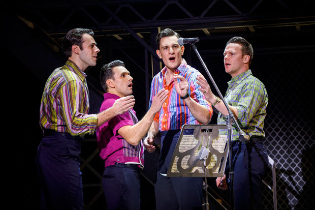 Mark Edwards, Aaron De Jesus, Cory Jeacoma, and Nicolas Dromard star in Jersey Boys, directed by Des McAnuff, at New World Stages.