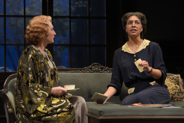 Caitlin O'Connell (Fanny Farrelly) and Leontyne Mbele-Mbong (Anise) in Lillian Hellman's Watch on the Rhine, directed by Lisa Peterson, at Berkeley Repertory Theatre.