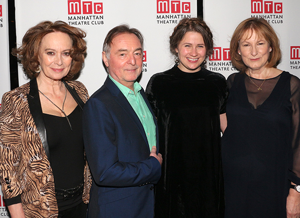 Playwright Lucy Kirkwood (second from right) joins cast members Francesca Annis, Ron Cook, and Deborah Findlay for a photo.