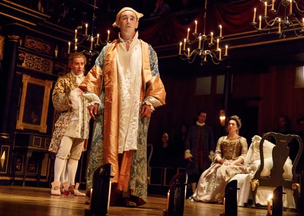 Tony winner Mark Rylance (center) stars in Farinelli and the King, directed by John Dove, at the Belasco Theatre.