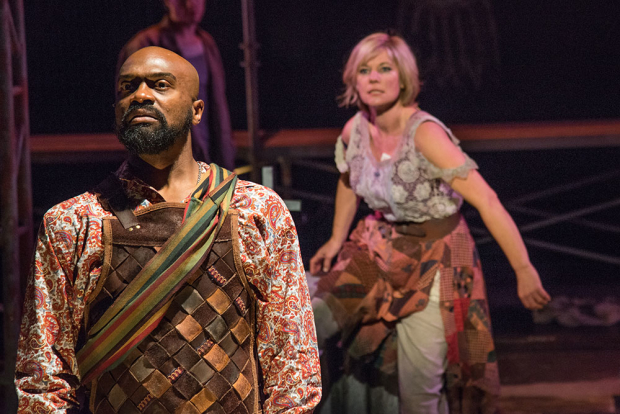 Maurice Emmanuel Parent (Miguel de Cervantes) and Ute Gfrerer (Aldonza) in Man of La Mancha, directed by Antonio Ocampo-Guzman, at Boston&#39;s New Repertory Theatre.