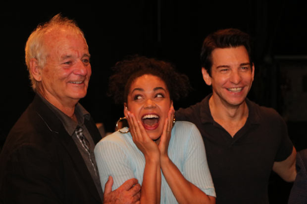 Bill Murray with Groundhog Day stars Barrett Doss and Andy Karl on Murray&#39;s first night seeing the Broadway musical on August 8.