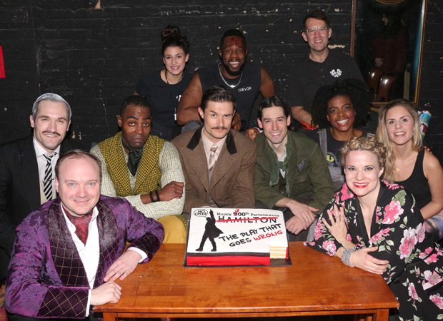 The cast of The Play That Goes Wrong celebrates their 300th performance at the Lyceum Theatre. 