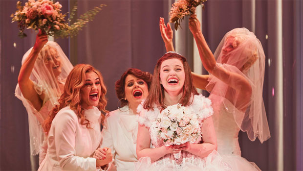 Sheridan Harbridge, Helen Dallimore, and Maggie McKenna in a scene from Muriel&#39;s Wedding at the Sydney Theatre Company.