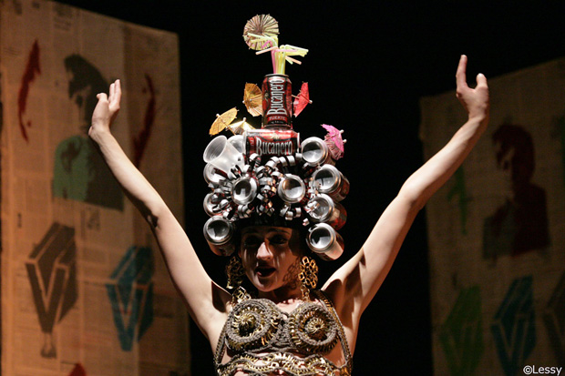 A scene and epic costume from Antigonón, un Contingente Épico, part of the Under the Radar Festival at the Public Theater. 