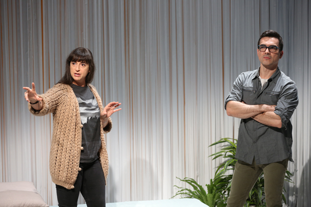 Aysan Celik and Dan Domingues star in The Undertaking, written and directed by Steve Cosson for the Civilians at 59E59 Theaters.