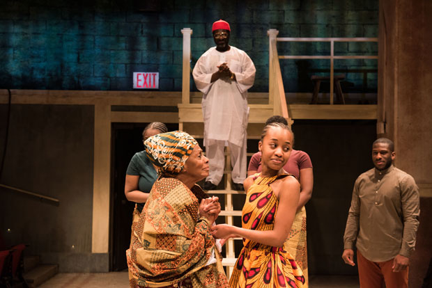 Vinie Burrows, Oberon K.A. Adjepong, Mirirai Sithole, and Segun Akande star in the world-premiere of The Homecoming Queen, directed by Awoye Timpo, at Atlantic Theater Company.