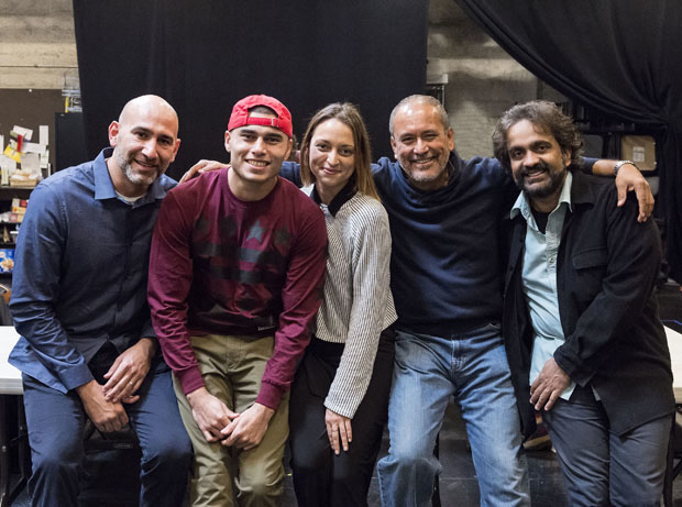 Jason Manuel Olazábal, Peter Mendoza, Caro Zeller, Rubén Garfias, and director Shishir Kurup at the first rehearsal for Elliot, A Soldier's Fugue.