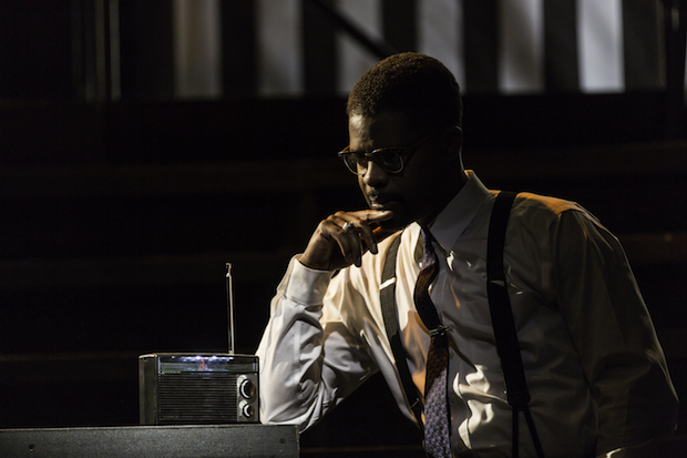 Jimonn Cole plays Malcolm X in Marcus Gardley&#39;s X: or, Betty Shabazz v. The Nation, directed by Ian Belknap, for the Acting Company at Theatre at St. Clement&#39;s.