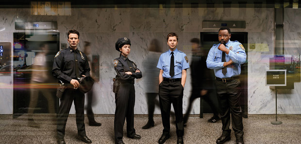 Chris Evans, Bel Powley, Michael Cera, and Brian Tyree Henry in an image from Lobby Hero.