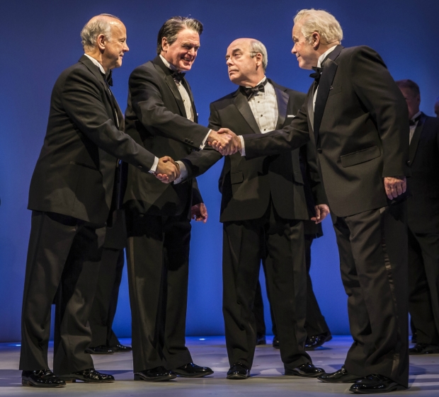 Jim  Ortlieb (George Shultz), Rob Riley  (Ronald Reagan), William Dick (Mikhail Gorbachev), and Steve Pickering (Eduard Shevardnadze) in Rogelio Martinez&#39;s Blind Date, directed by Robert Falls at the Goodman Theatre.