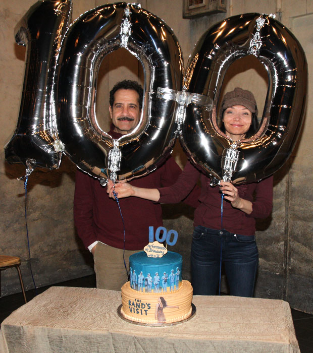 Tony Shalhoub and Katrina Lenk celebrate 100 performances of The Band&#39;s Visit.