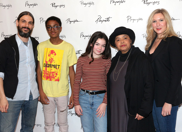 The cast of The Flat Earth: Lucas Papaelias, Ian Saint-Germanin, Ella Kennedy Davis, Lynda Gravatt, and Cassie Beck, meet the press.