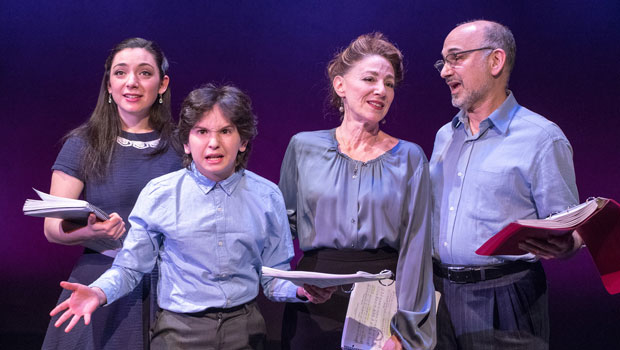 Julie Benko, Peyton Lusk, Lori Wilner, and Ned Eisenberg in a scene from Bar MItzvah Boy, directed by Annette Jolles, at York Theatre Company.