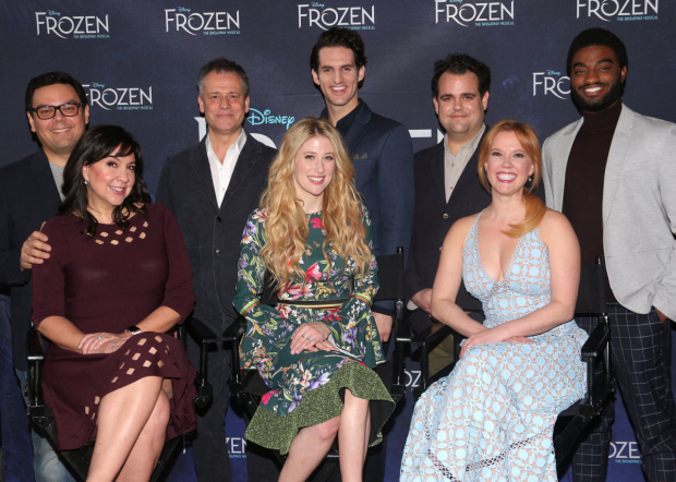 The Frozen team: songwriters Robert Lopez and Kristen Anderson-Lopez, director Michael Grandage, and stars Caissie Levy, John Riddle, Greg Hildreth, Patti Murin, and Jelani Alladin.