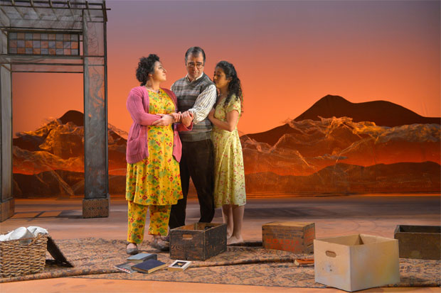 Denmo Ibrahim, Barzin Akhavan, and Nadine Malouf in the original 2017 production of A Thousand Splendid Suns, returning to A.C.T. this July.